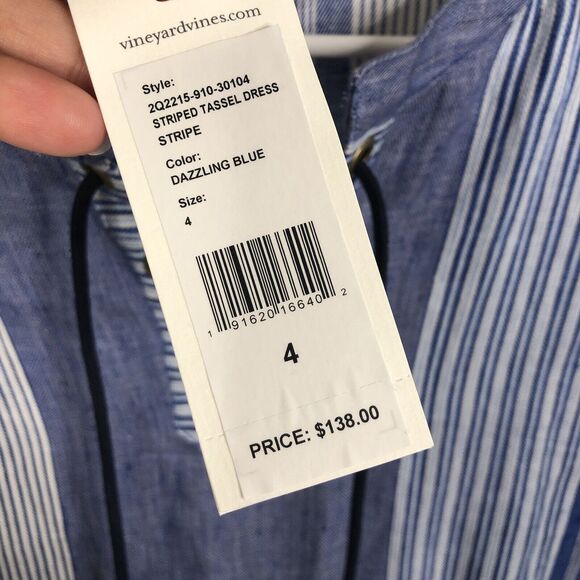NEW Vineyard Vines Linen Striped Tassel Shift Dress in Dazzling Blue Size 4 - Picture 6 of 8